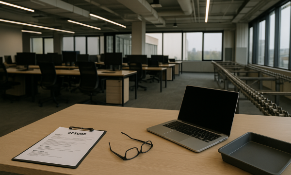 Oficina moderna vacía con escritorios sin personal, una laptop cerrada y un currículum sobre la mesa, reflejando desaceleración del empleo en México 2025.