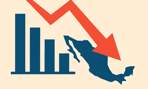 Gráfico ilustrativo que representa la desaceleración económica en México con flechas descendentes, barras decrecientes y un mapa del país.