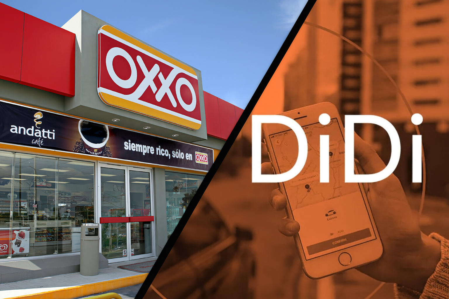 Alianza entre OXXO y DiDi Shop para entregas a domicilio en México; muestra una tienda OXXO y un celular con la app de DiDi.