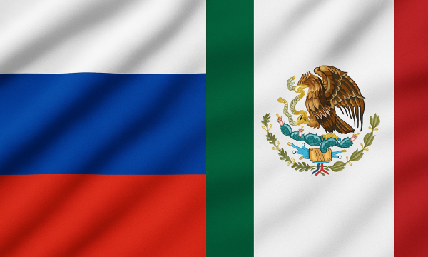 Banderas de Rusia y México unidas en una sola imagen, representando relaciones diplomáticas y cooperación bilateral.