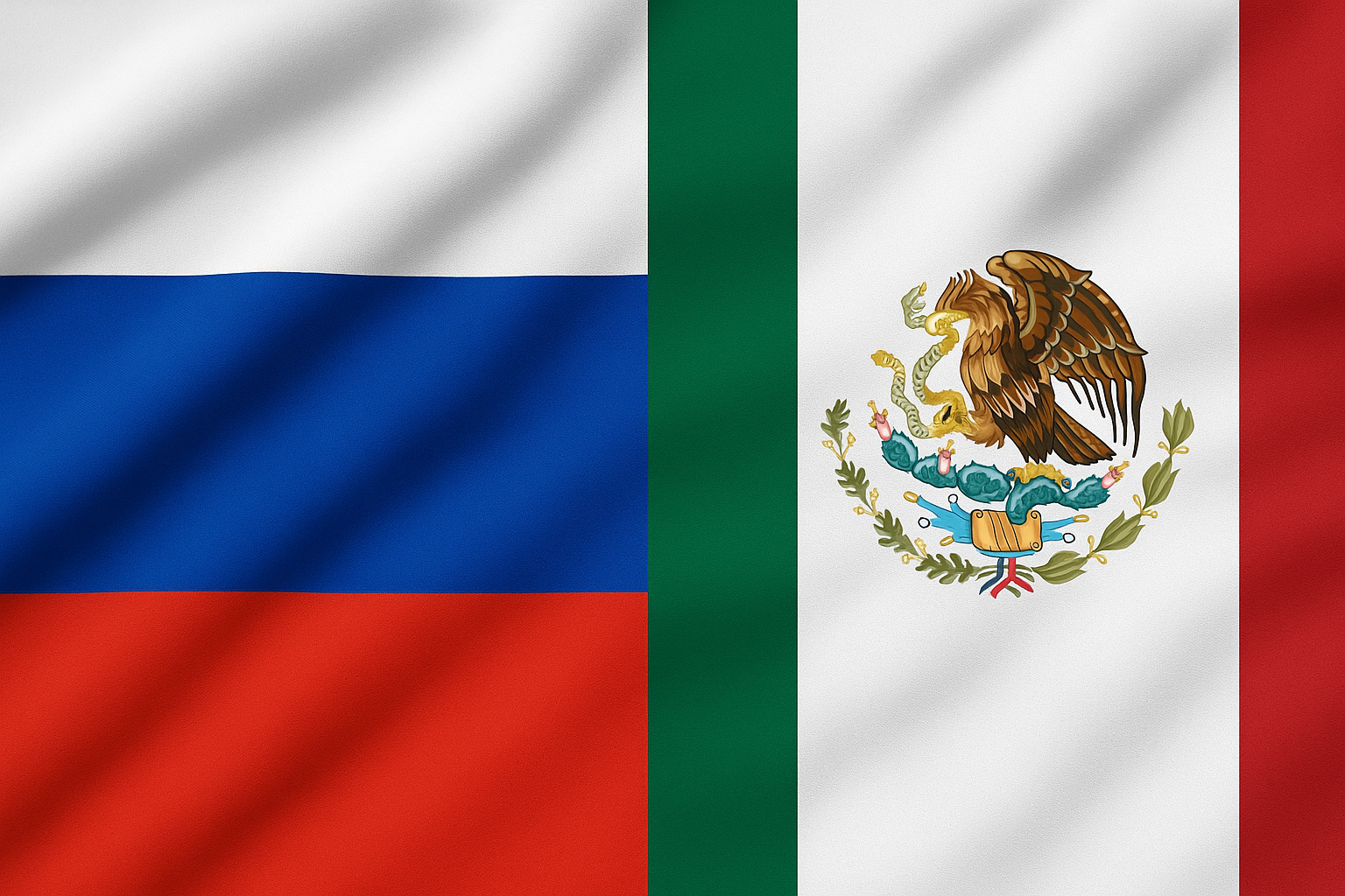 Banderas de Rusia y México unidas en una sola imagen, representando relaciones diplomáticas y cooperación bilateral.