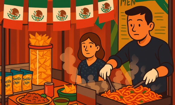 Ilustración animada de un puesto de comida callejera en México con banderas mexicanas, donde un hombre cocina y una mujer observa, rodeados de alimentos típicos como totopos.