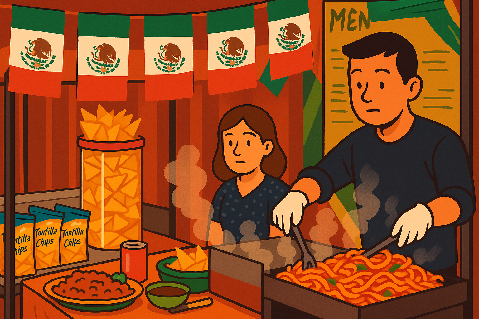 Ilustración animada de un puesto de comida callejera en México con banderas mexicanas, donde un hombre cocina y una mujer observa, rodeados de alimentos típicos como totopos.