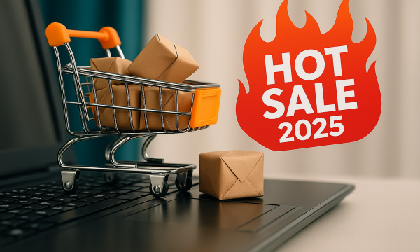Carrito de compras sobre laptop con paquetes y logotipo de Hot Sale 2025 en llamas.