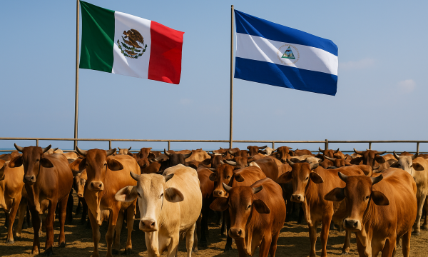 Ganado nicaragüense en corral con banderas de México y Nicaragua ondeando al fondo