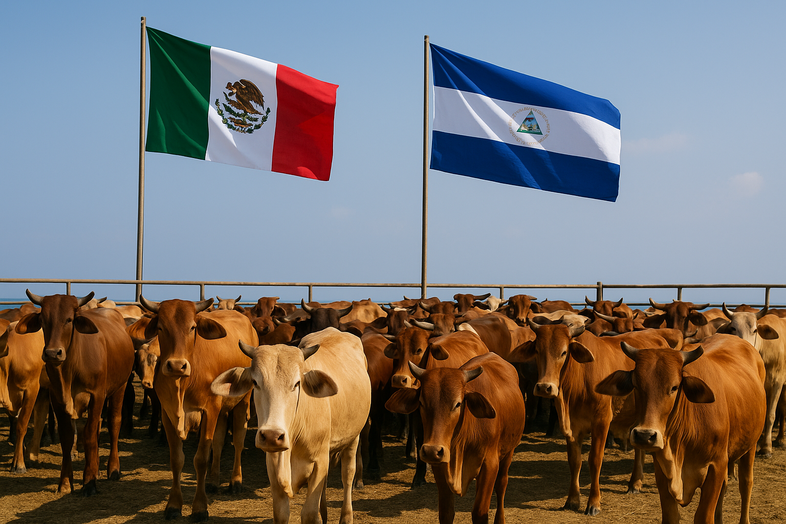 Ganado nicaragüense en corral con banderas de México y Nicaragua ondeando al fondo