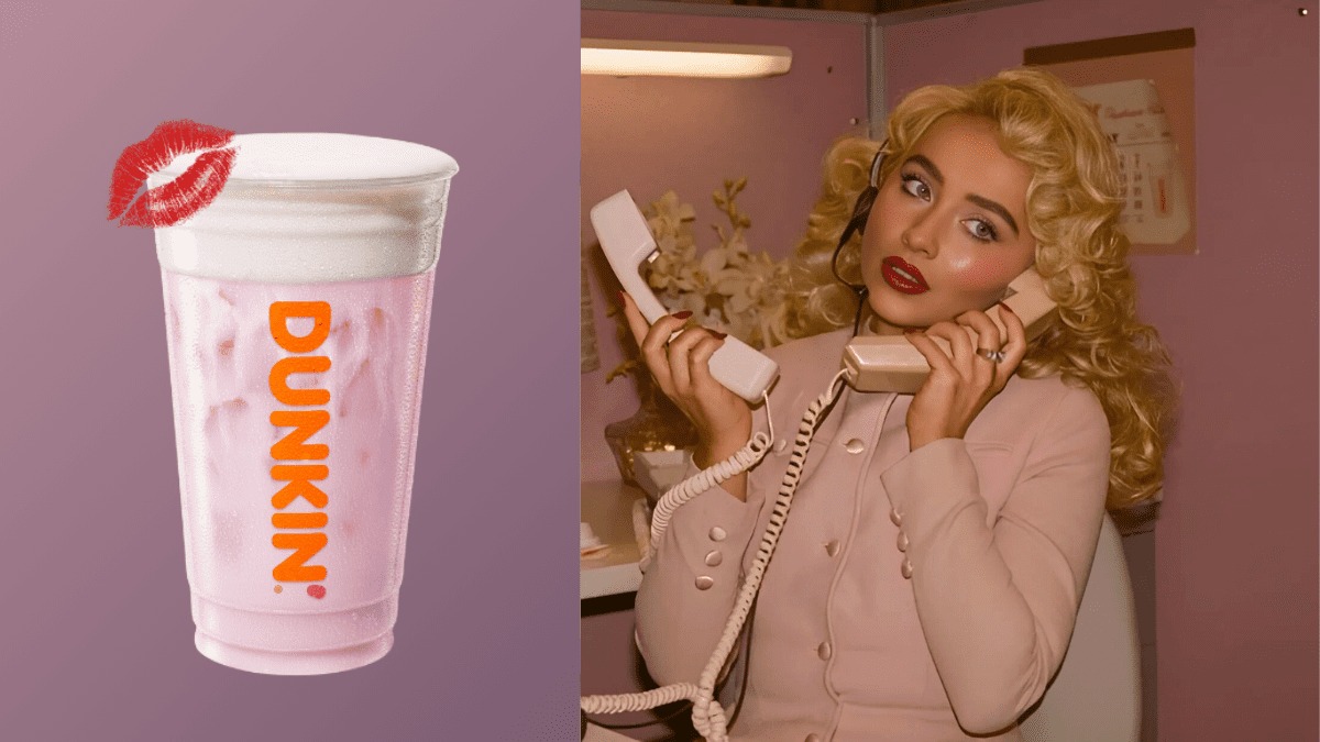 Sabrina Carpenter sostiene un teléfono retro en un ambiente rosa, junto a una bebida de Dunkin’ sabor fresa con espuma fría.