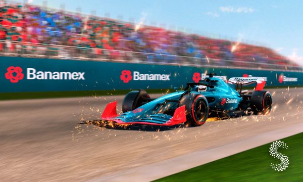Monoplaza de Fórmula 1 con los colores y logotipos de Banamex compitiendo en el Autódromo Hermanos Rodríguez durante el Gran Premio de México.