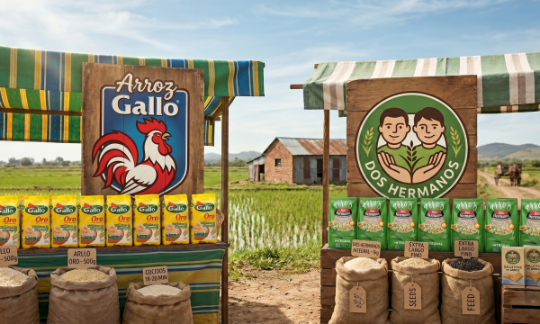 Comparativa de productos de arroz Gallo Oro y arroz integral Dos Hermanos en un entorno de producción agrícola argentina.