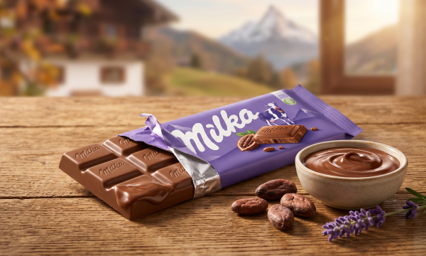Fotografía profesional de producto de una tableta de chocolate Milka parcialmente desenvuelta sobre una mesa de madera. Se muestran cuadrados de chocolate con el logo grabado, la icónica envoltura lila de Milka, un cuenco con chocolate derretido, granos de cacao y un ramito de lavanda. Al fondo, un paisaje de los Alpes con una casa de campo y una montaña nevada bajo la luz del sol.