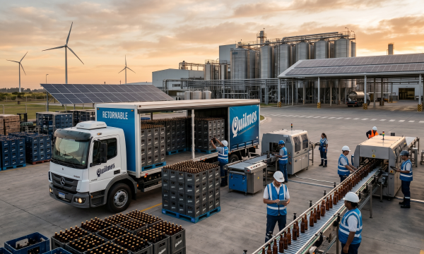 Operación logística sustentable de Cervecería Quilmes en Argentina con camiones de reparto, planta con energía eólica y digitalización de procesos mediante plataforma BEES.